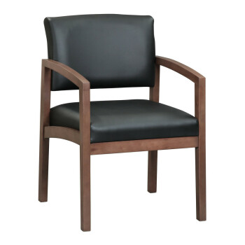 chair with black cushions and wood frame